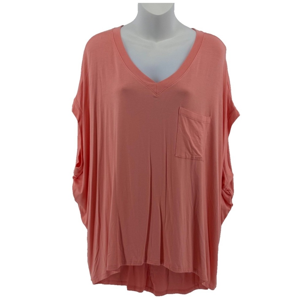 Easel Oversized Tunic Top Women's V Neck Coral Soft Knit Pocket Flowy Medium
